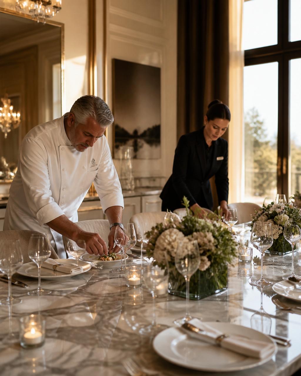 Estate service staff, including a chef and house manager, preparing a refined dinner service in a luxurious residence