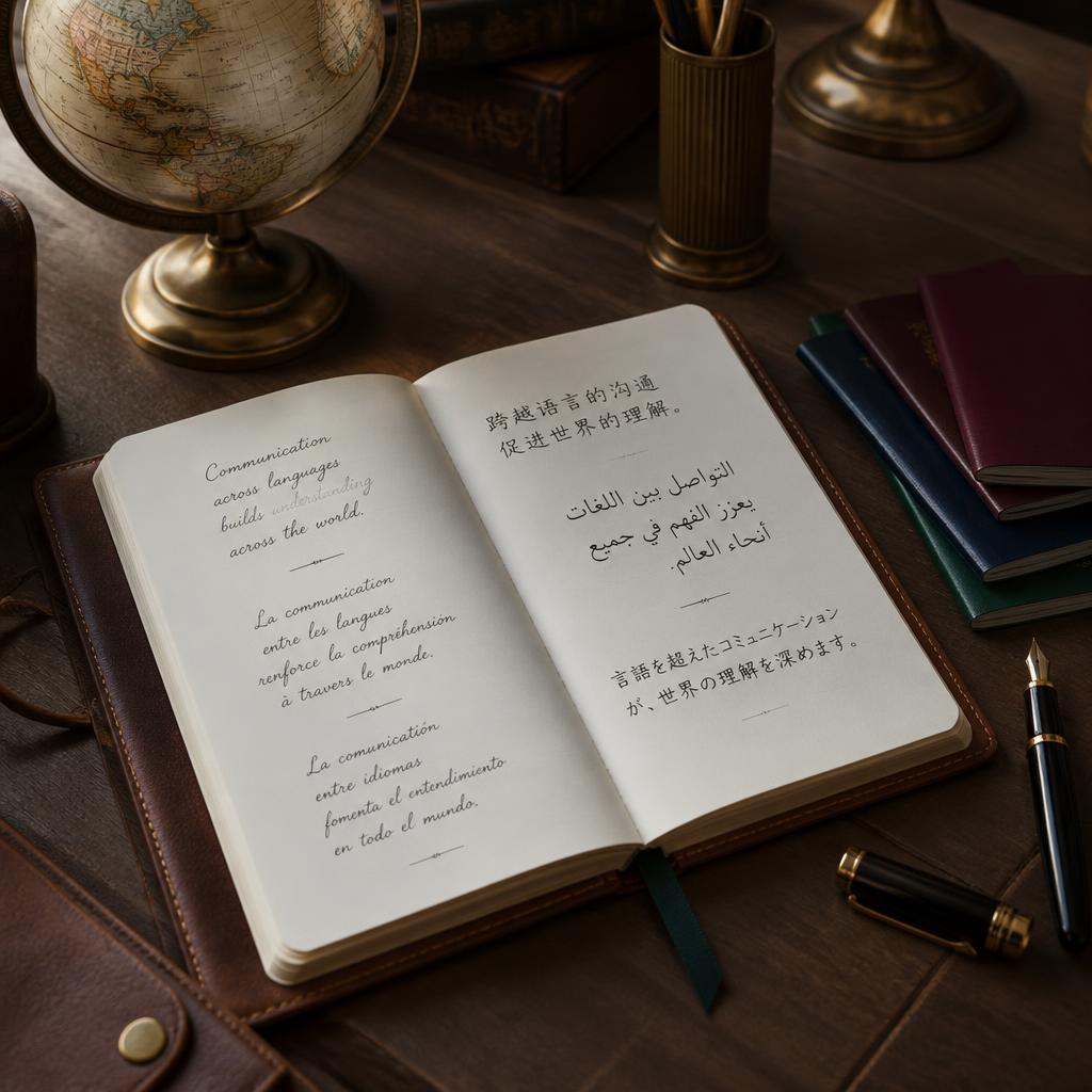 Open leather notebook with elegant text in multiple languages beside a brass globe and fountain pens