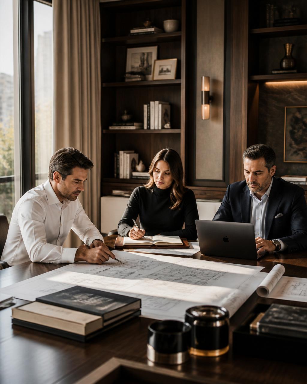 Three professionals reviewing architectural blueprints and project plans together in a sophisticated private office
