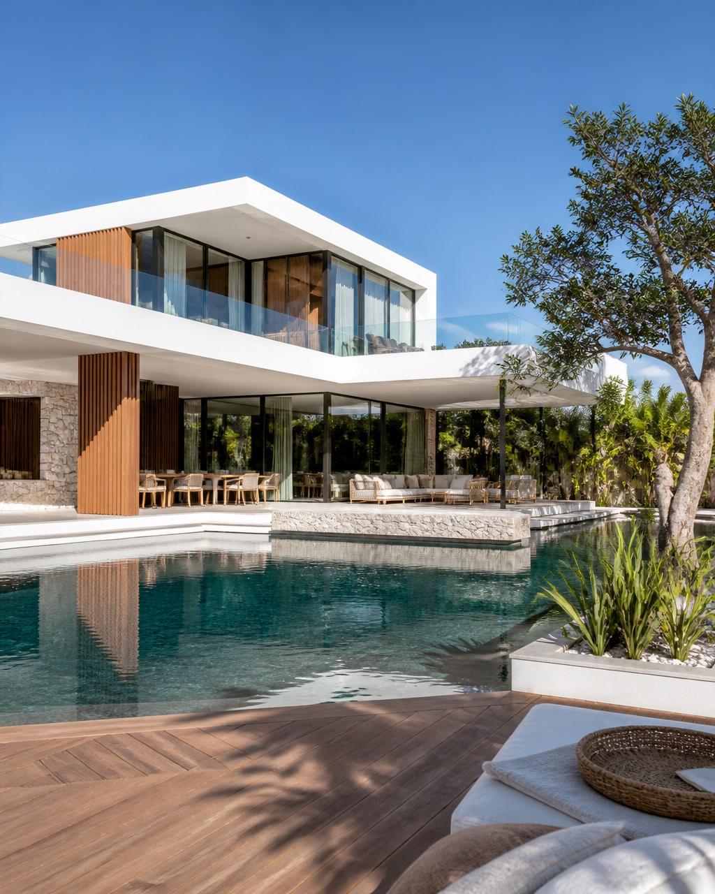 Contemporary minimalist villa with sculptural pool and outdoor lounge