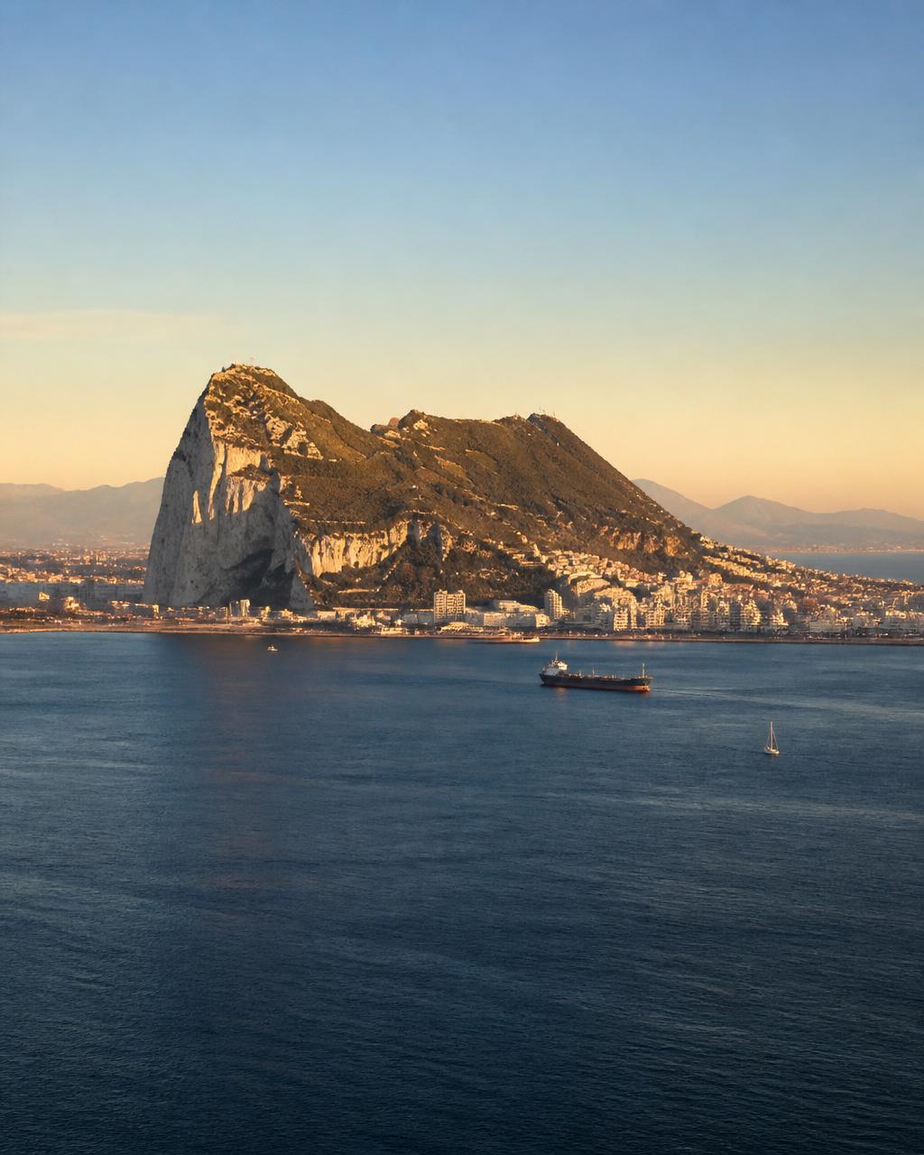 The Rock of Gibraltar seen from across the sea at golden hour, symbolizing global reach across continents